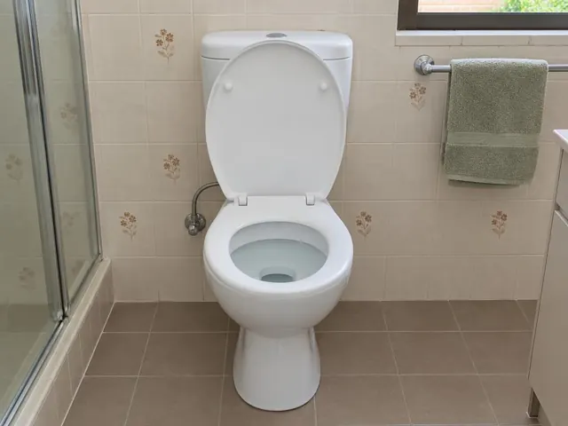 Clean white toilet in a tiled bathroom beside a shower and towel rail in Toongabbie