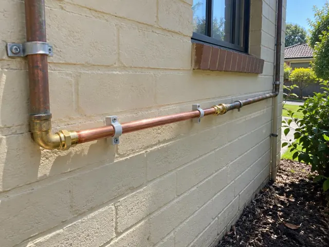 Copper water pipe repaired along a cream brick exterior wall with pipe clips in Winston Hills