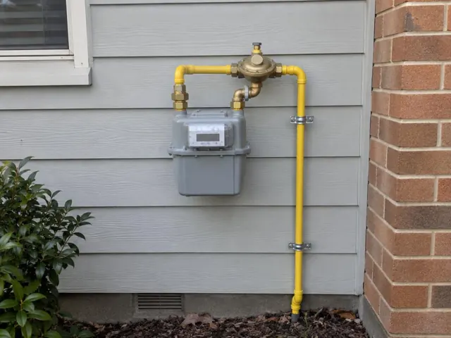 Yellow gas meter and pipework on a house exterior wall in Winston Hills