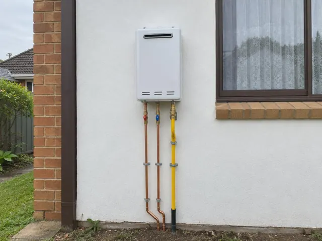 Outdoor wall-mounted hot water unit with copper pipework beside a window and brick wall in Old Toongabbie